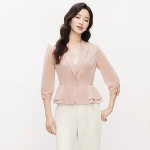 Women's Lightweight Acetate Pink Peplum Blazer Jacket with Pearl & Beads Deco